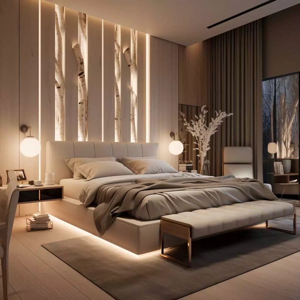 Discover serenity with this elegant bedroom featuring nature-inspired elements, cozy lighting, and modern furniture.