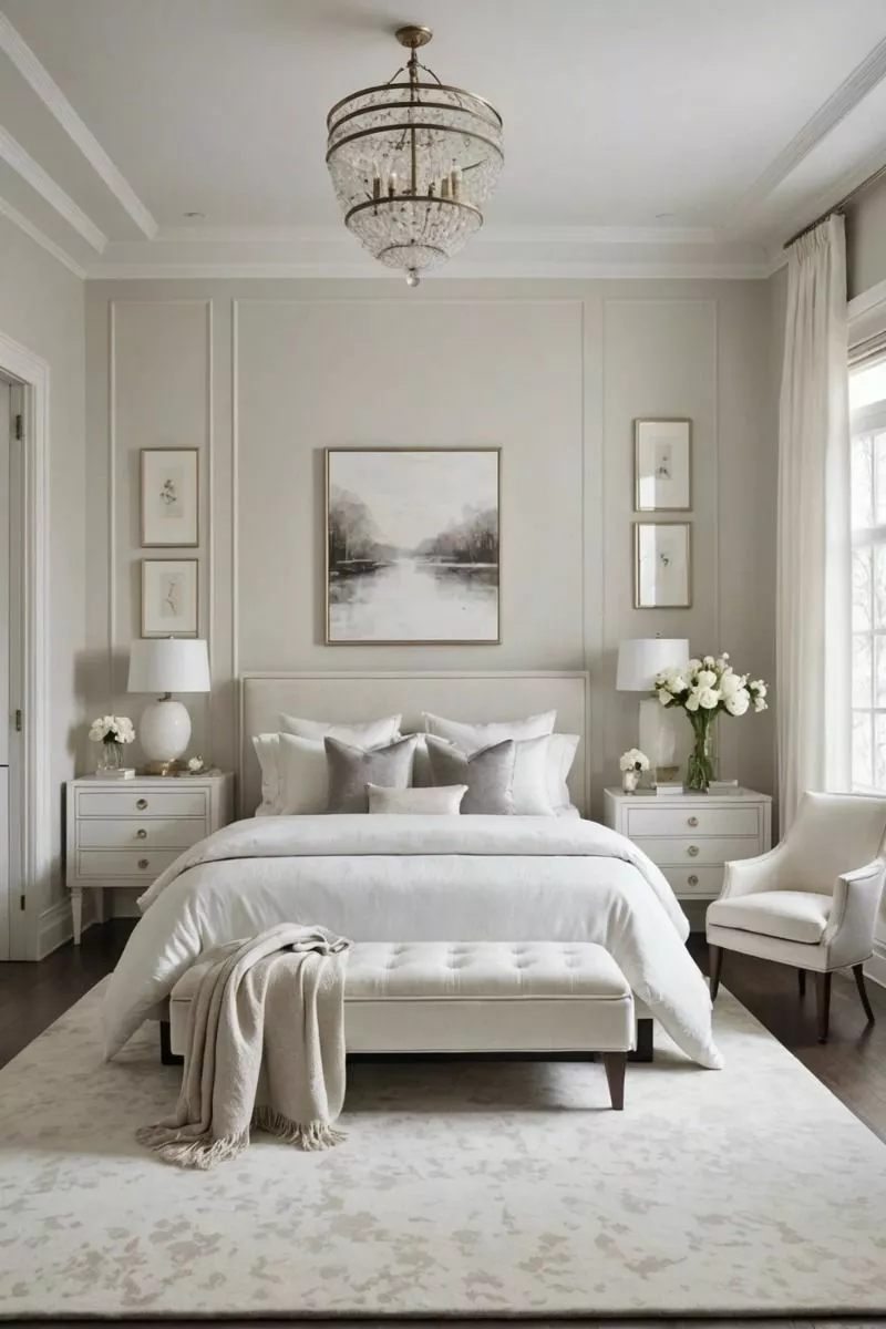 Immerse yourself in an oasis of calm with neutral tones, luxurious textures, and sophisticated design elements in this elegant bedroom retreat.