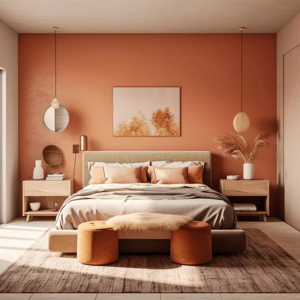 Discover a serene blend of warm terracotta hues and minimalist design in this cozy bedroom sanctuary.