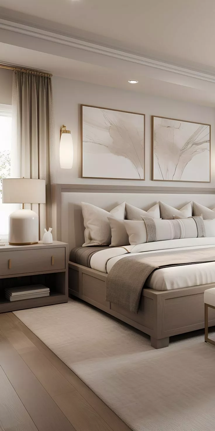 Discover the serene sophistication of this master bedroom, adorned with plush furnishings, minimalist decor, and warm neutral tones.