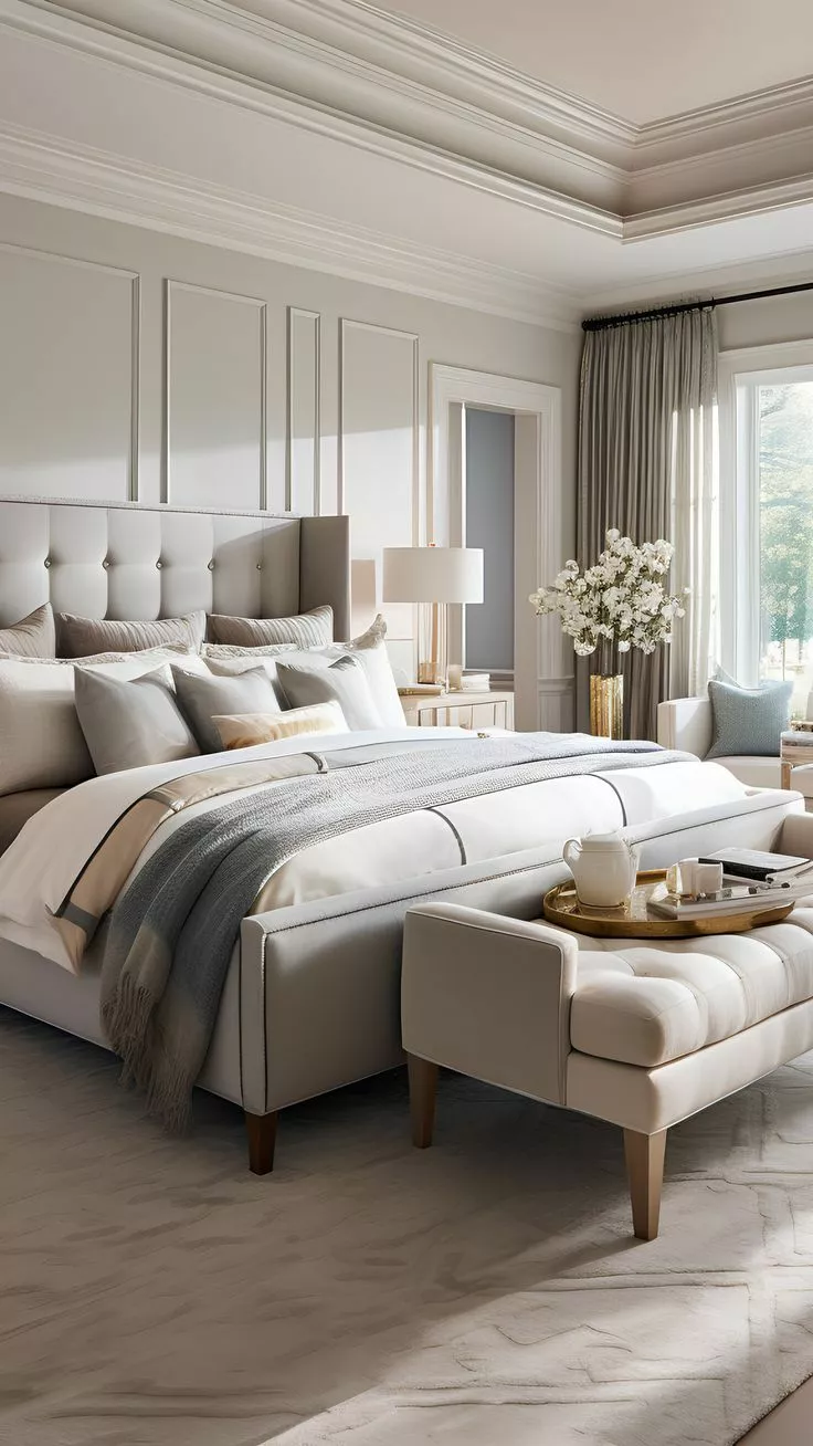 Dive into serenity with this luxuriously designed bedroom featuring soft neutrals, plush textures, and exquisite accents, perfect for a peaceful retreat.