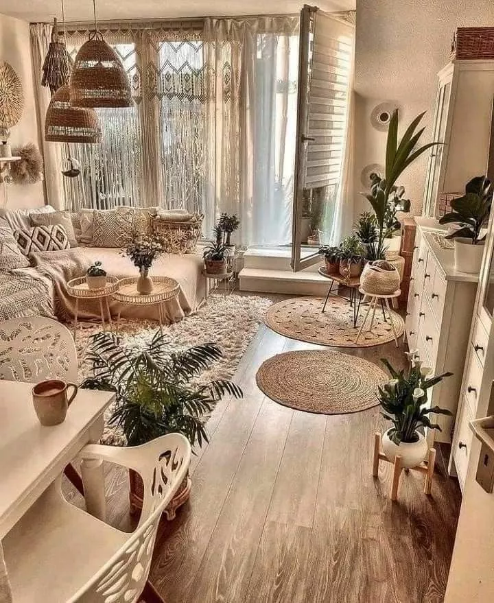 Discover the enchanting charm of bohemian decor with lush greenery, woven textures, and cozy ambience. Perfect for a tranquil and stylish home.