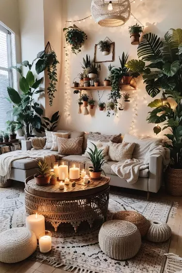 Immerse in an enchanting bohemian style living room featuring lush plants, cozy textiles, and warm candlelight.