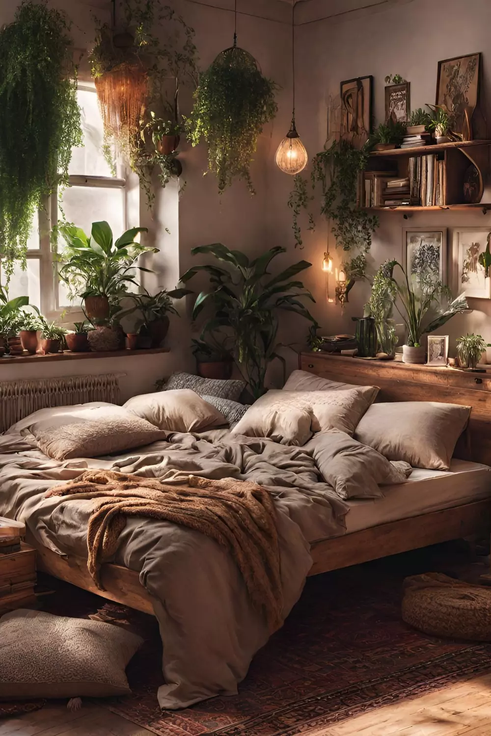 Transform your space with a lush, earthy bedroom filled with abundant greenery, rustic wooden elements, and cozy textiles.