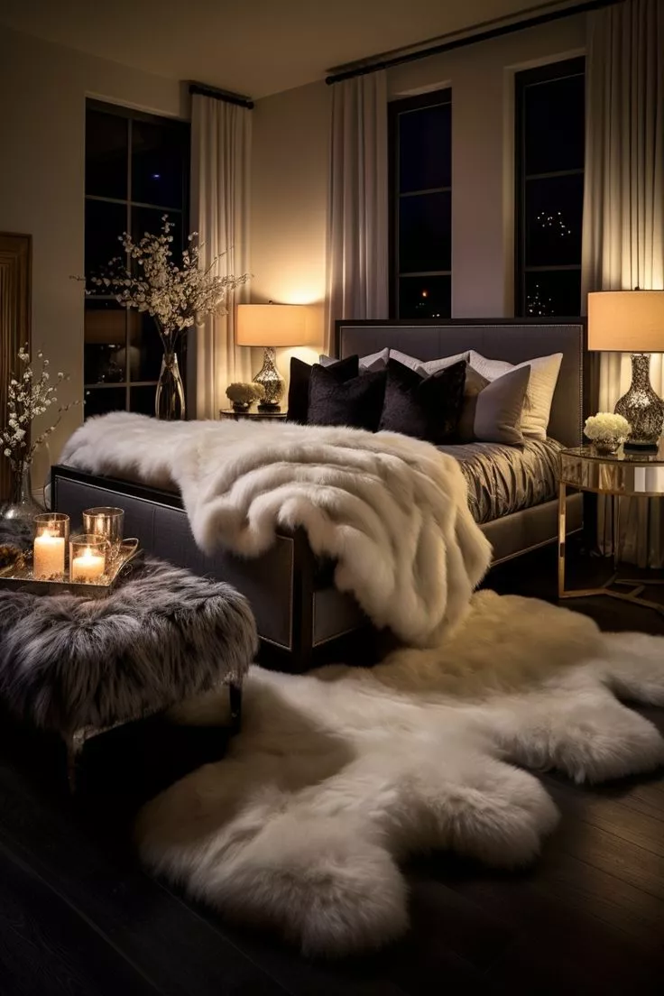 Discover a serene sanctuary adorned with plush fur accents, elegant lighting, and tasteful decor. Perfect for a relaxing and stylish retreat.