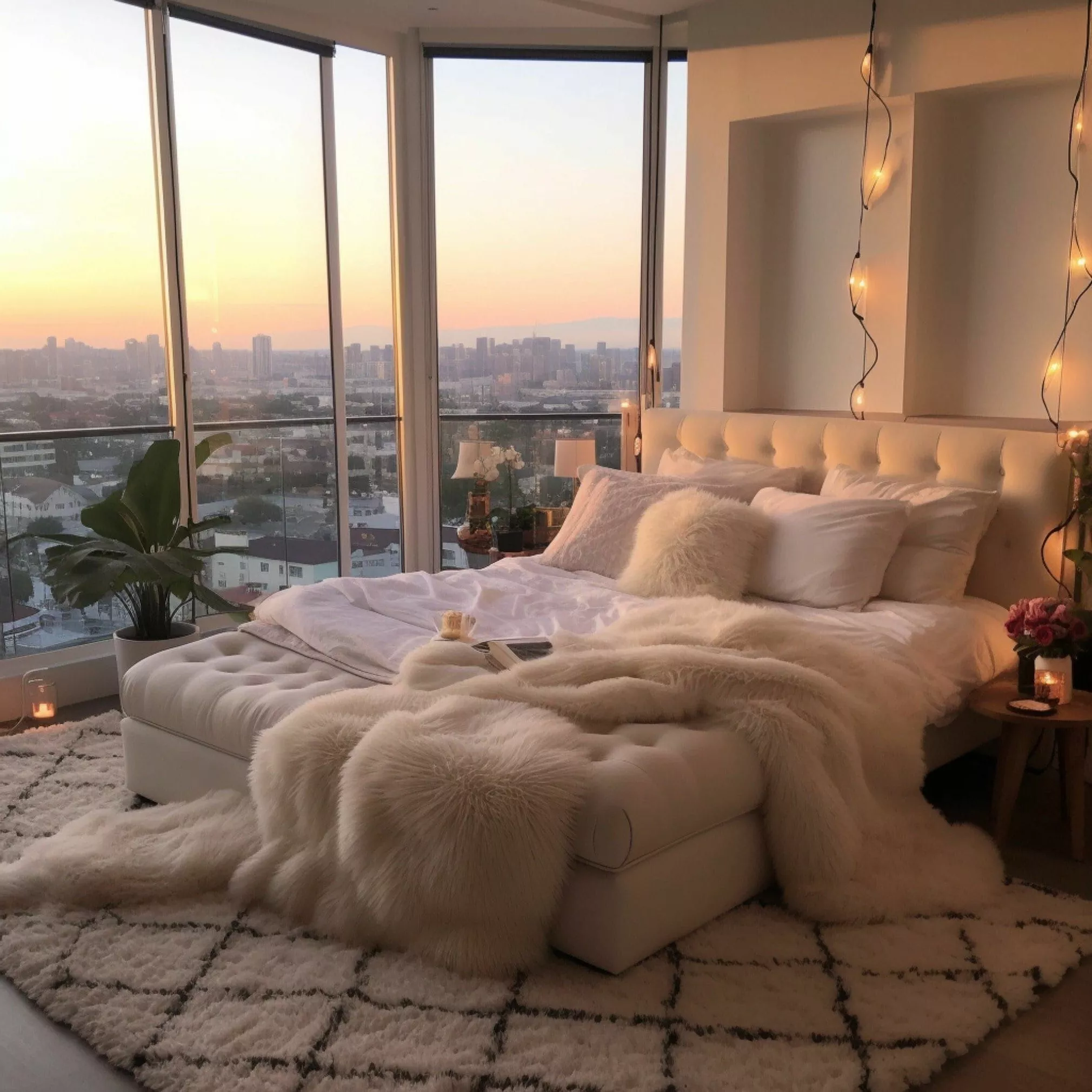 Indulge in a luxurious bohemian bedroom featuring plush textures, warm lighting, and panoramic city views.