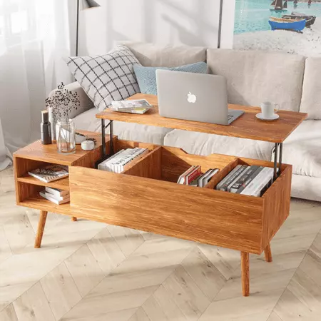 Discover the blend of functionality and style with this mid-century modern coffee table featuring hidden storage and a pop-up desk feature.