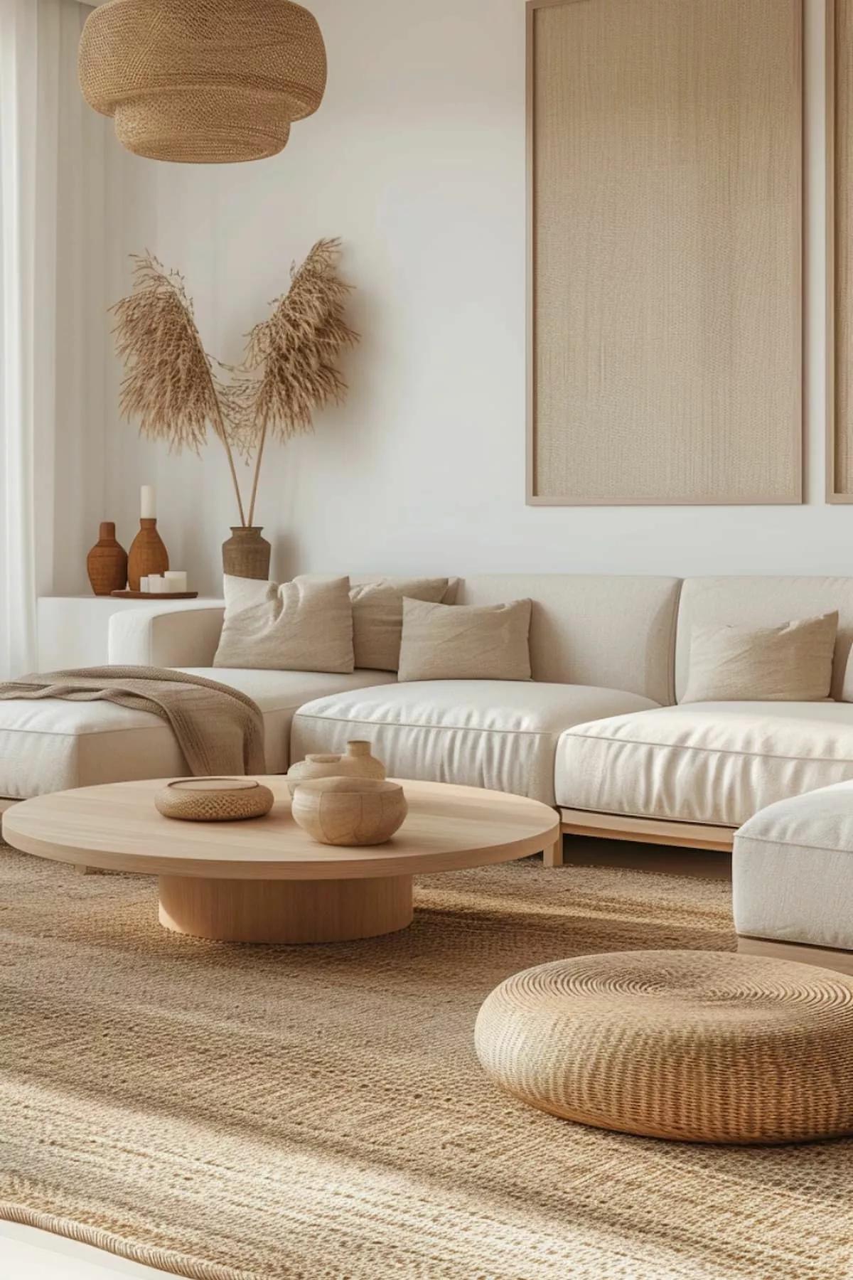 Experience minimalist bohemian elegance in a living room featuring natural tones, woven textures, and serene decor.