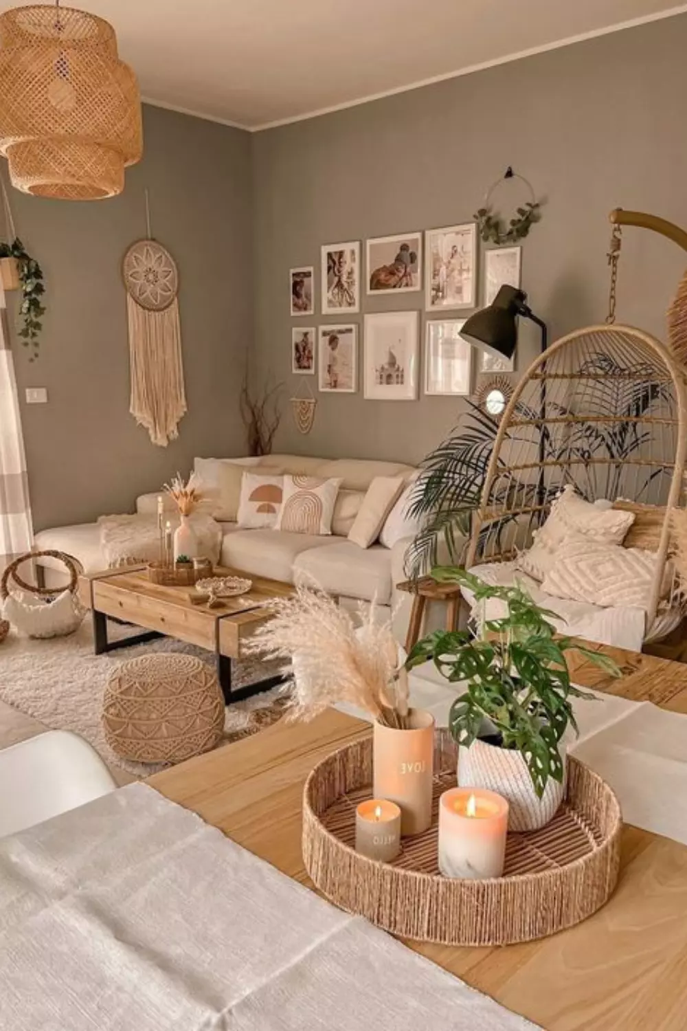 Step into this modern bohemian living room, featuring warm tones, chic décor, and a perfect blend of comfort and style.