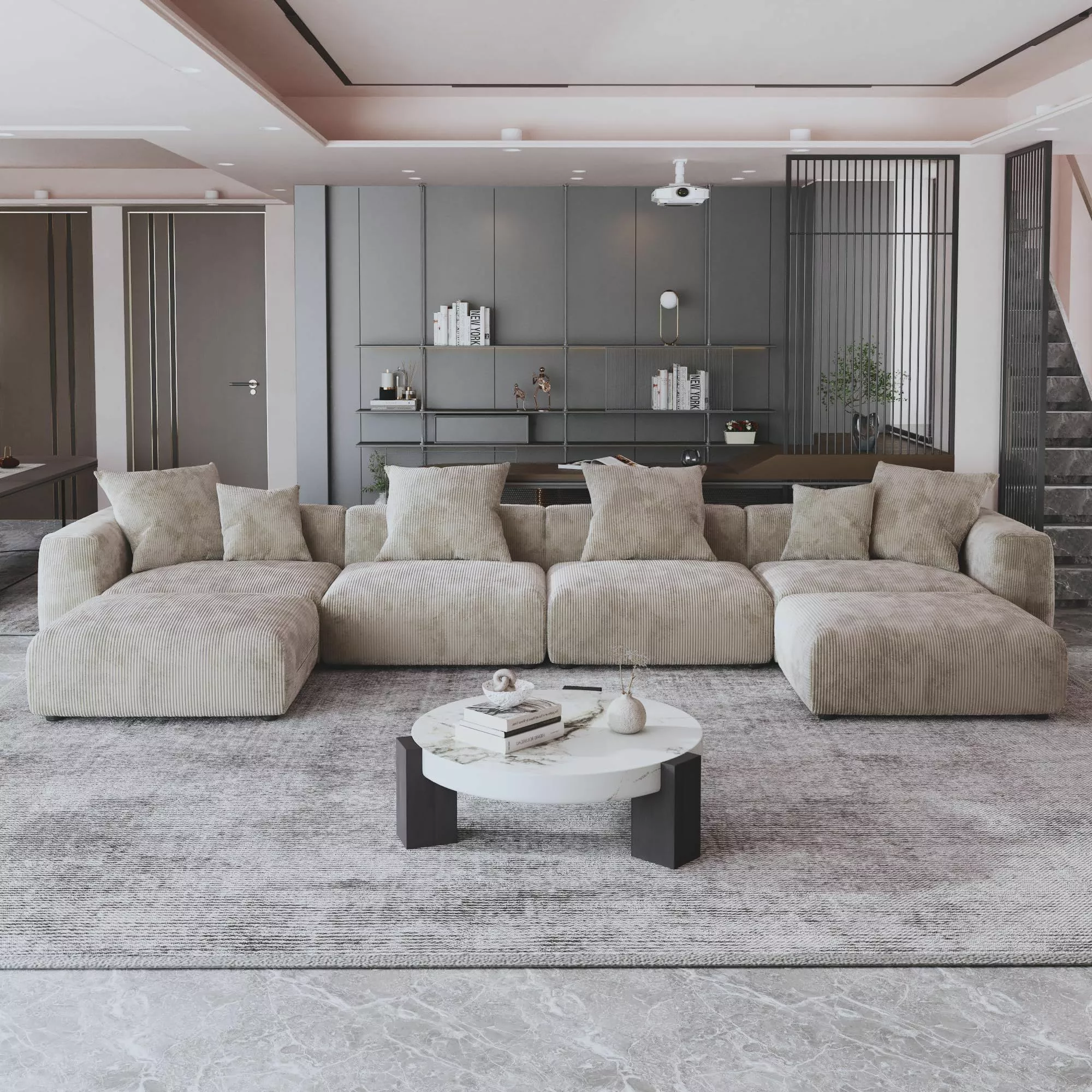 Experience a blend of comfort and sophistication with a plush sectional sofa, sleek marble coffee table, and minimalist shelving unit in this contemporary living space.