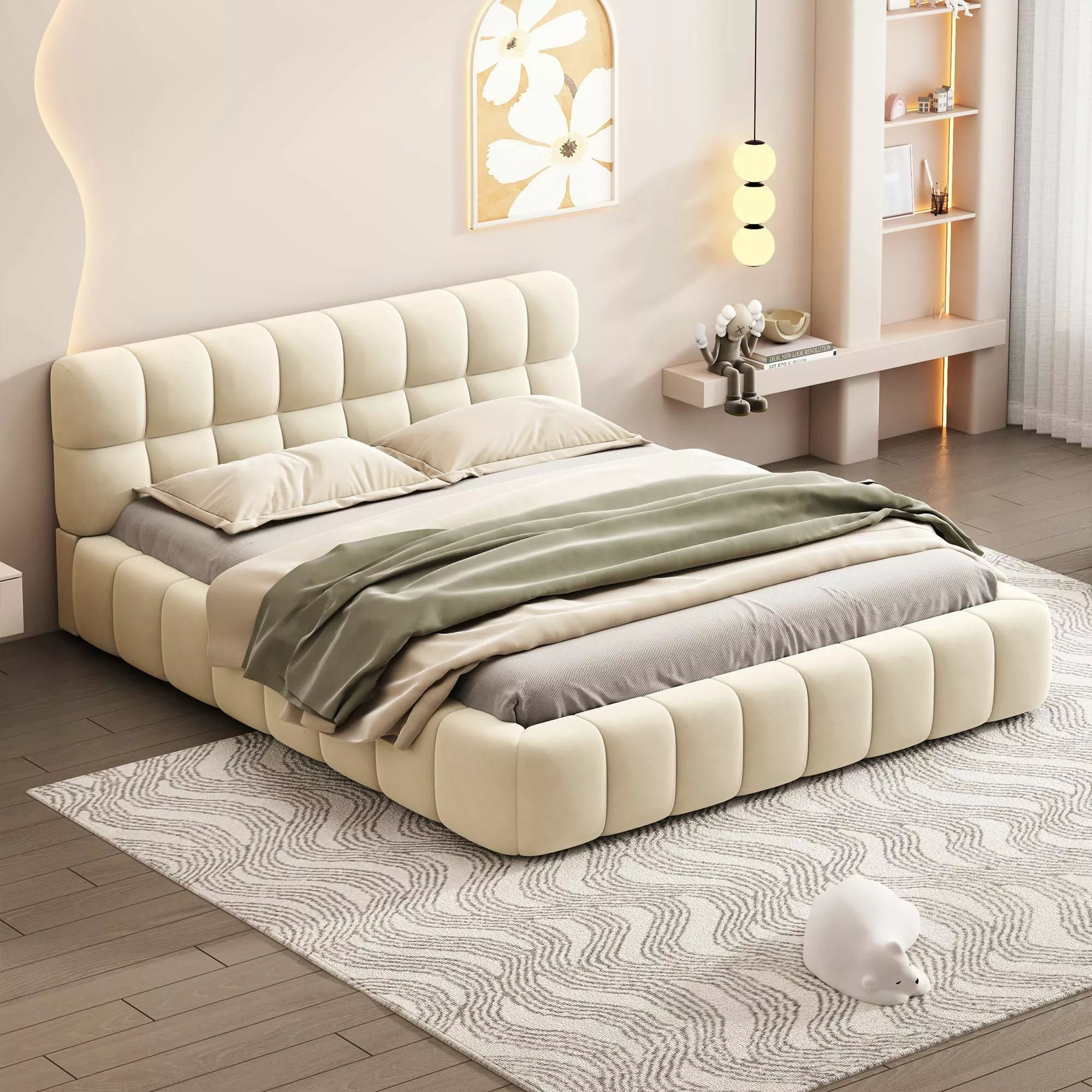 Discover the serene charm of a plush beige bed adorned with elegant details, making it perfect for a tranquil bedroom.