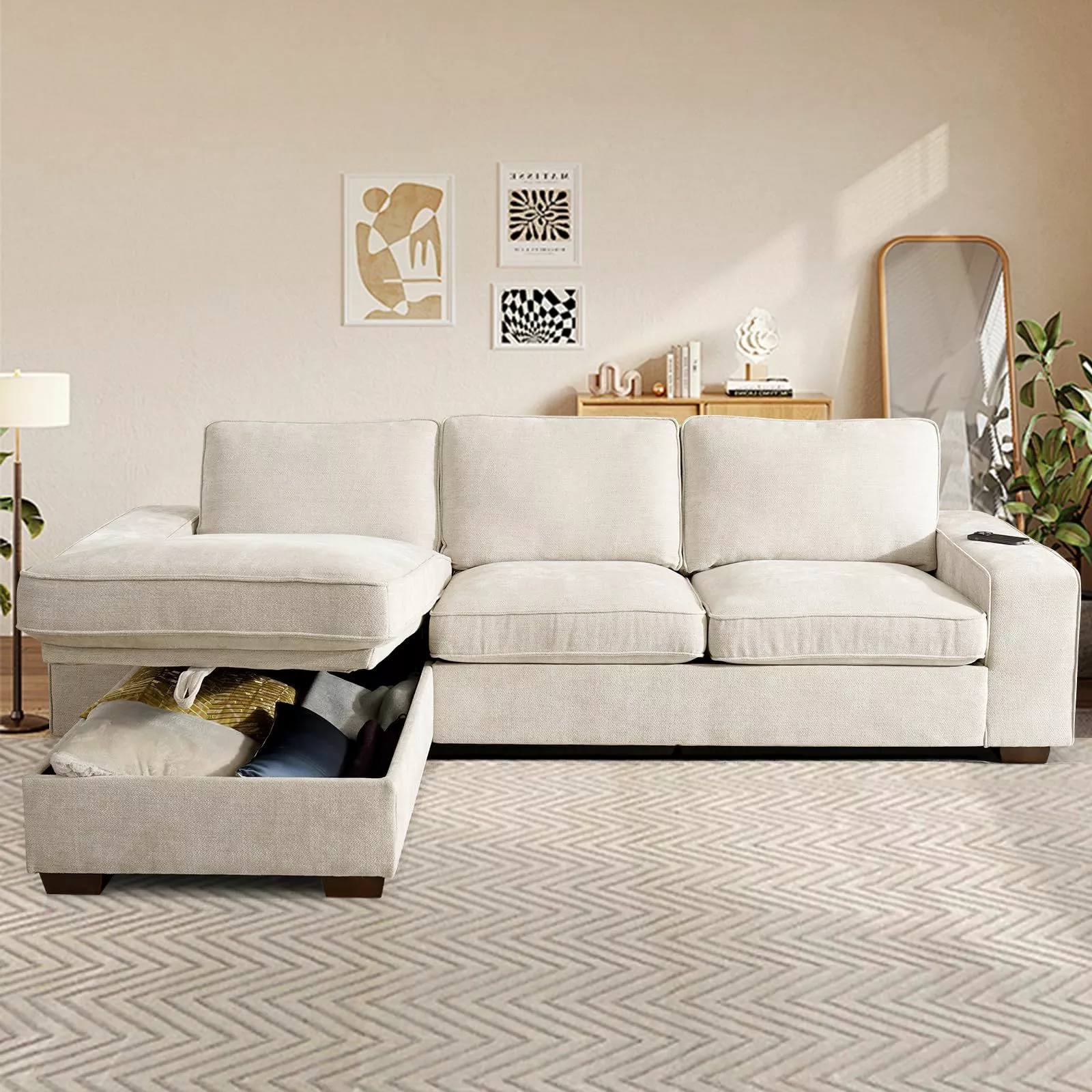 Explore the serene beauty of this neutral-toned living room featuring a plush sectional sofa with hidden storage and chic minimalist decor.