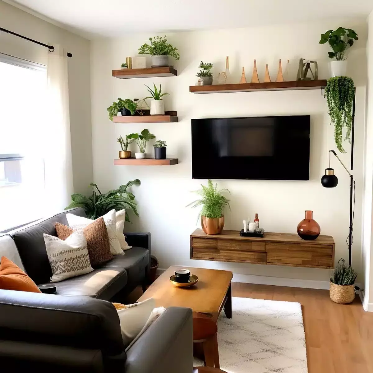 Chic living room featuring floating shelves adorned with planters, a sleek TV setup, and cozy seating, creating a perfect blend of comfort and style.