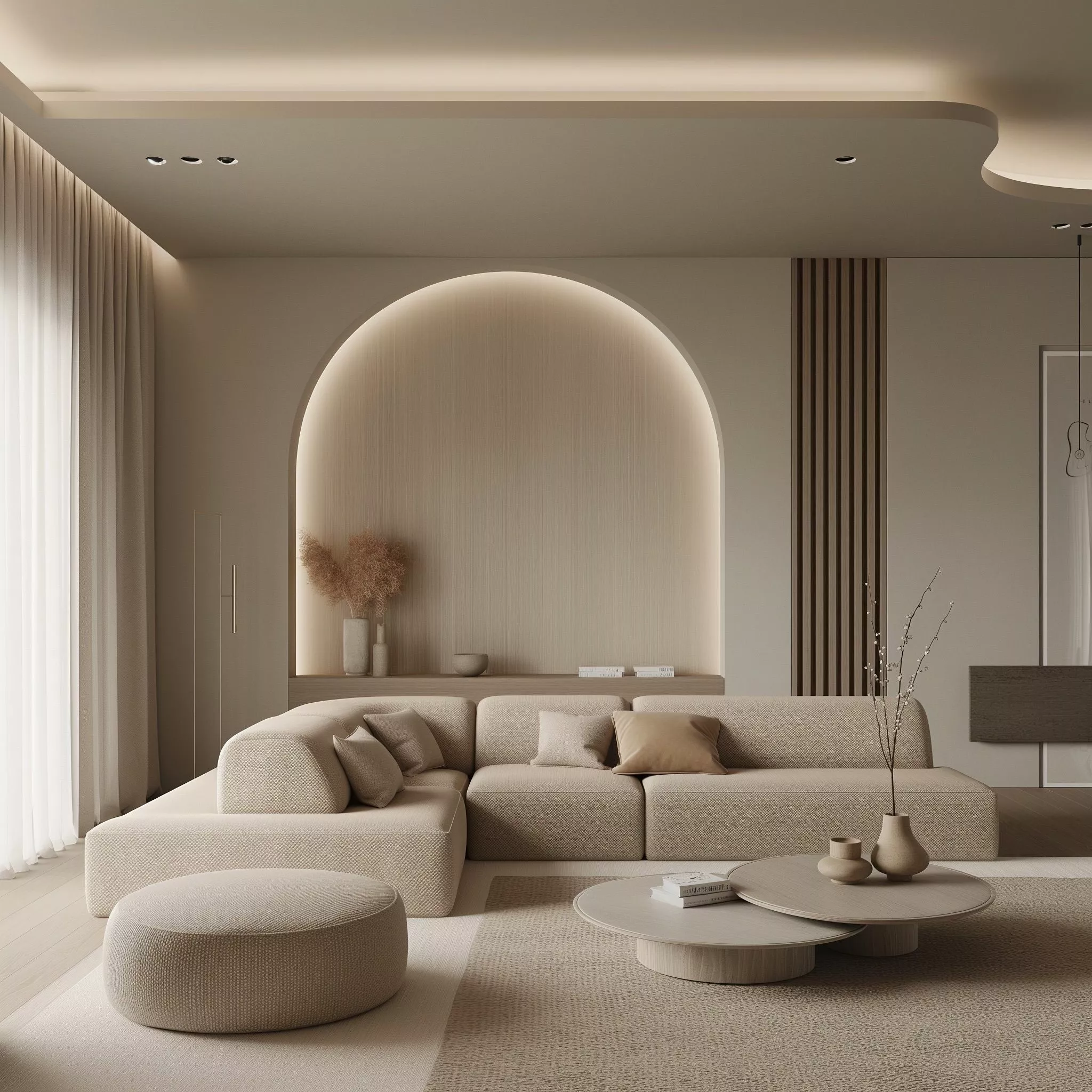 Discover the calming ambiance of a thoughtfully designed living space where soft tones and smooth curves harmonize to create a serene retreat.