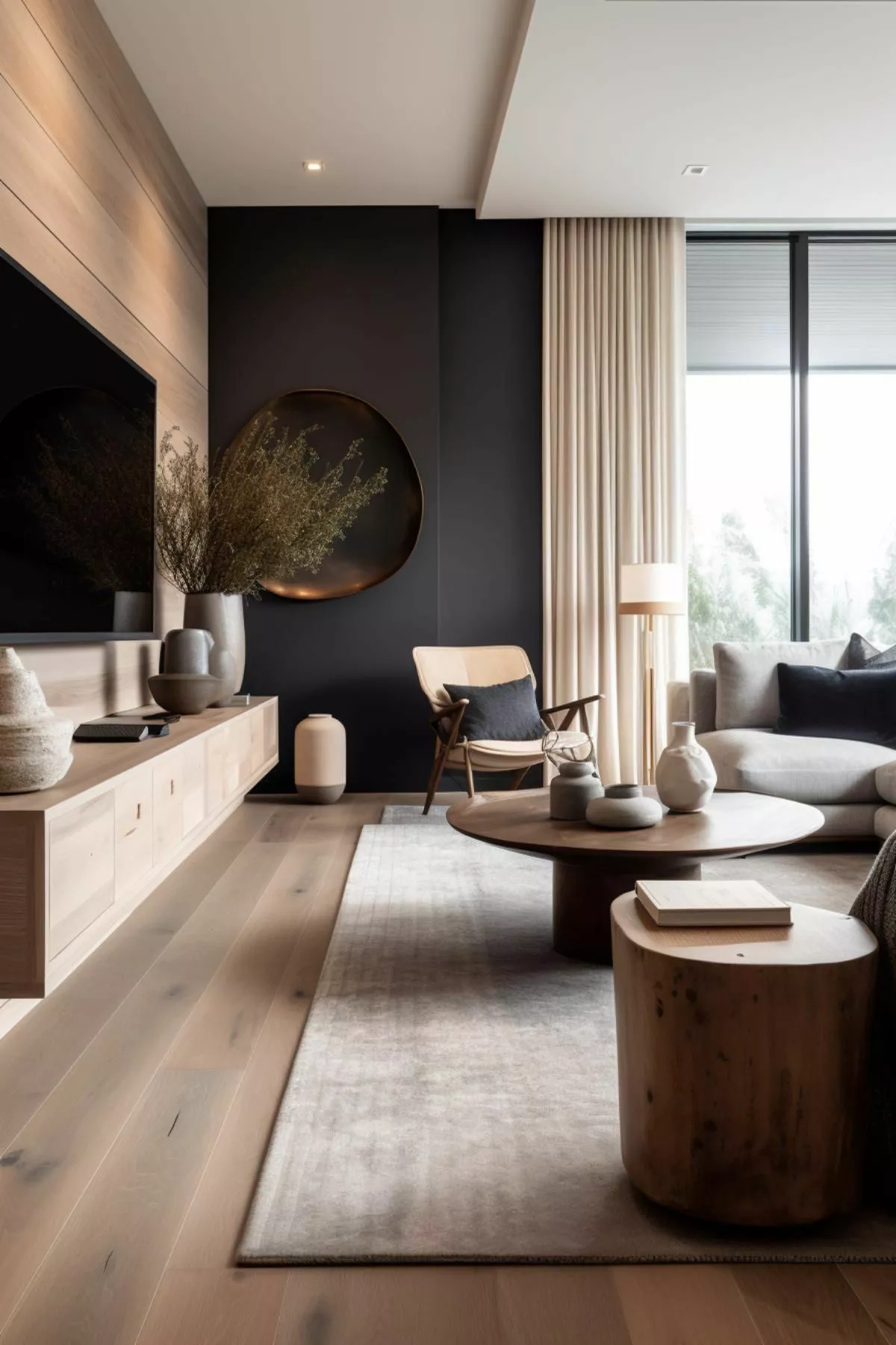 Discover a tranquil living space infused with modern elegance, featuring chic furniture and carefully curated decor. Perfect for harmonious home vibes.