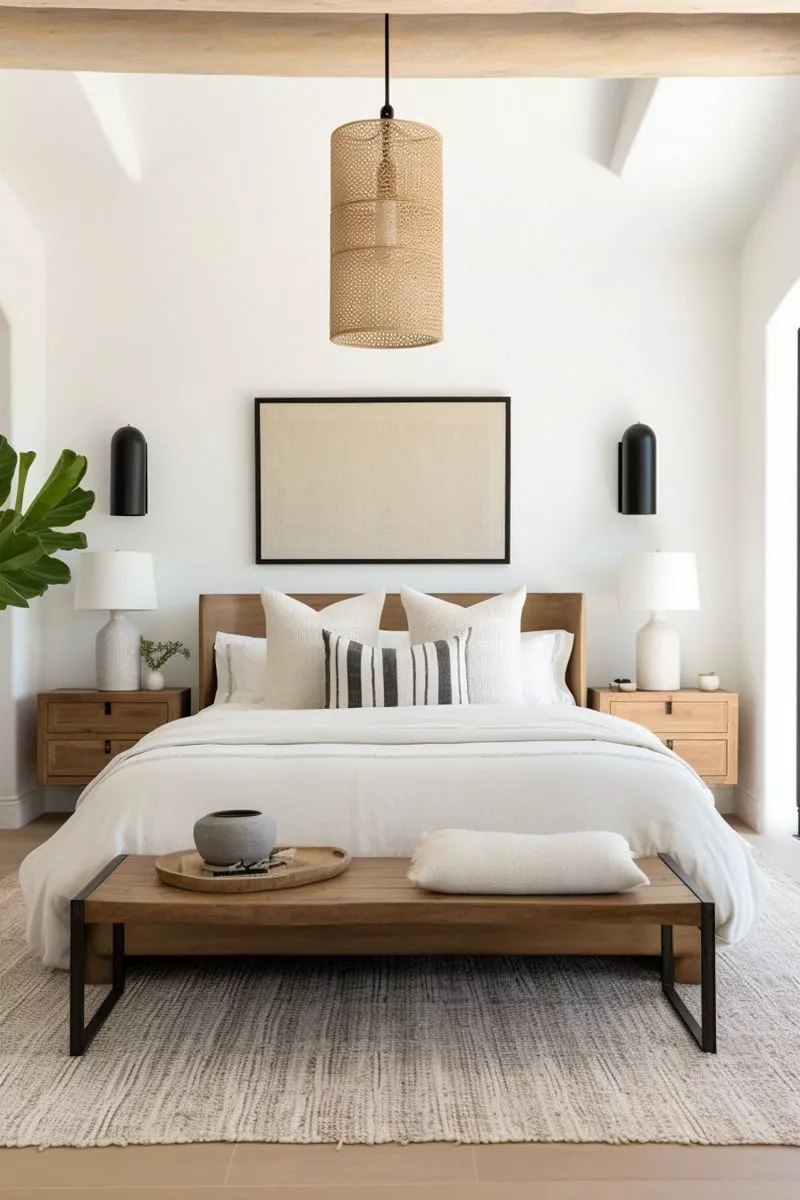 Discover a harmonious blend of modern design and natural elements in this stunning bedroom setup featuring soft textiles, minimalist decor, and warm wooden tones.