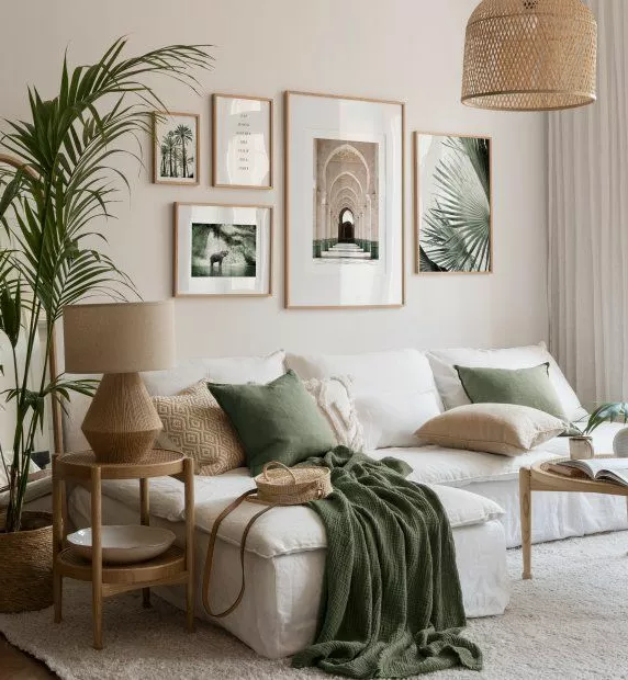 Discover a serene living room graced with earthy tones, lush greenery, and cozy textures, creating a tranquil retreat at home.