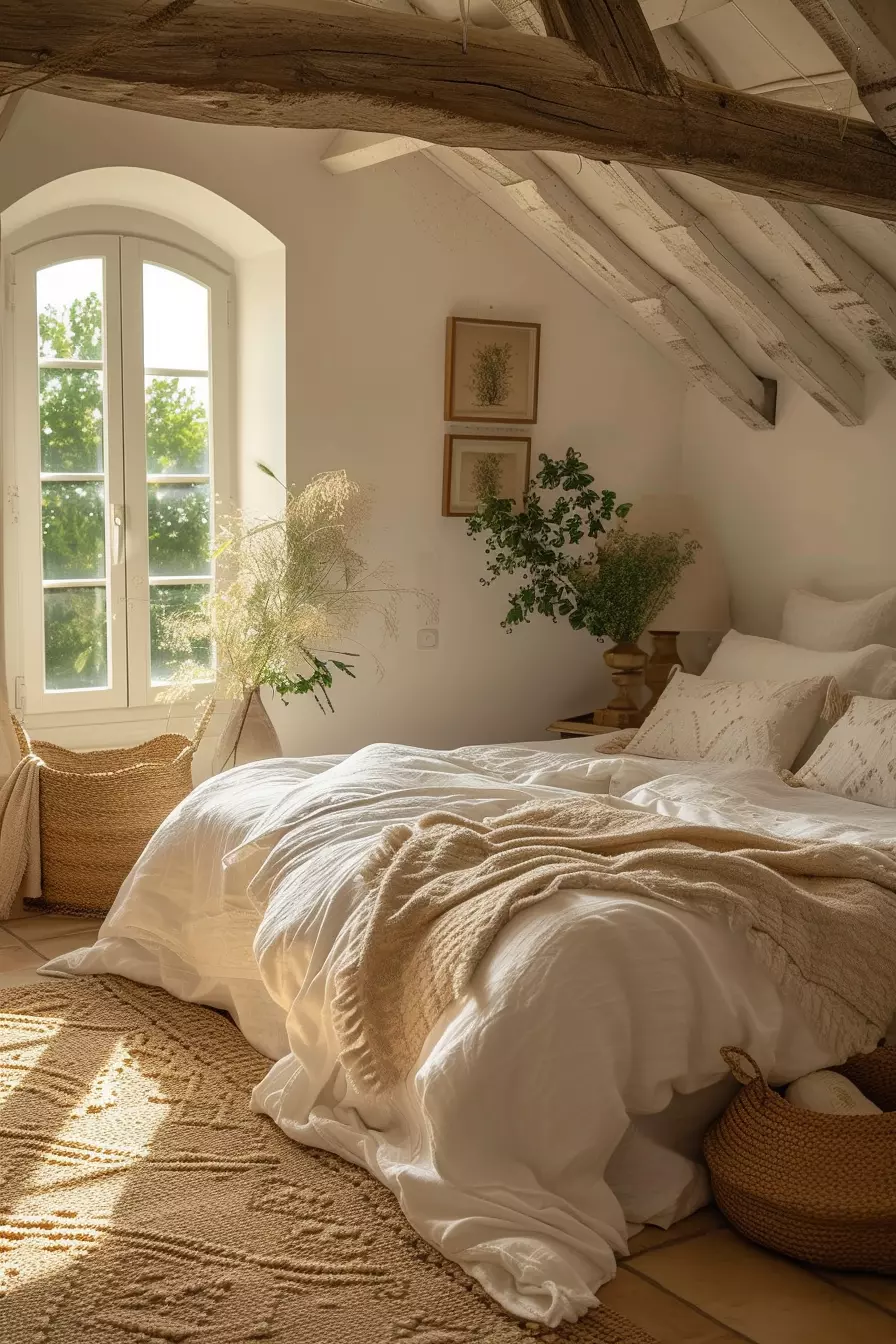 Experience the warm embrace of rustic charm in this cozy bedroom, where natural elements intertwine with soft, inviting textures.