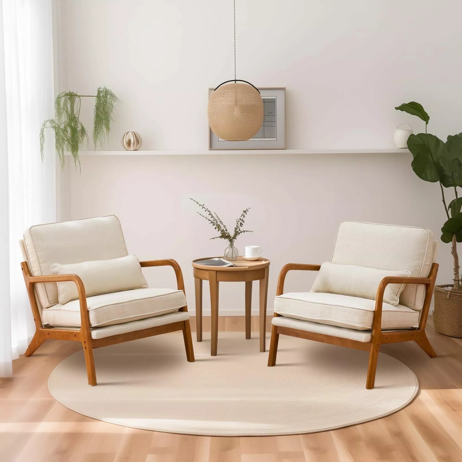 Immerse yourself in tranquility with this modern minimalist living room featuring sleek wooden chairs, a cozy round rug, and tasteful green plants.