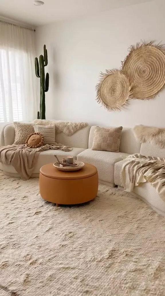 Experience tranquility with this serene boho living room, featuring plush textures, neutral tones, and warm wooden accents.