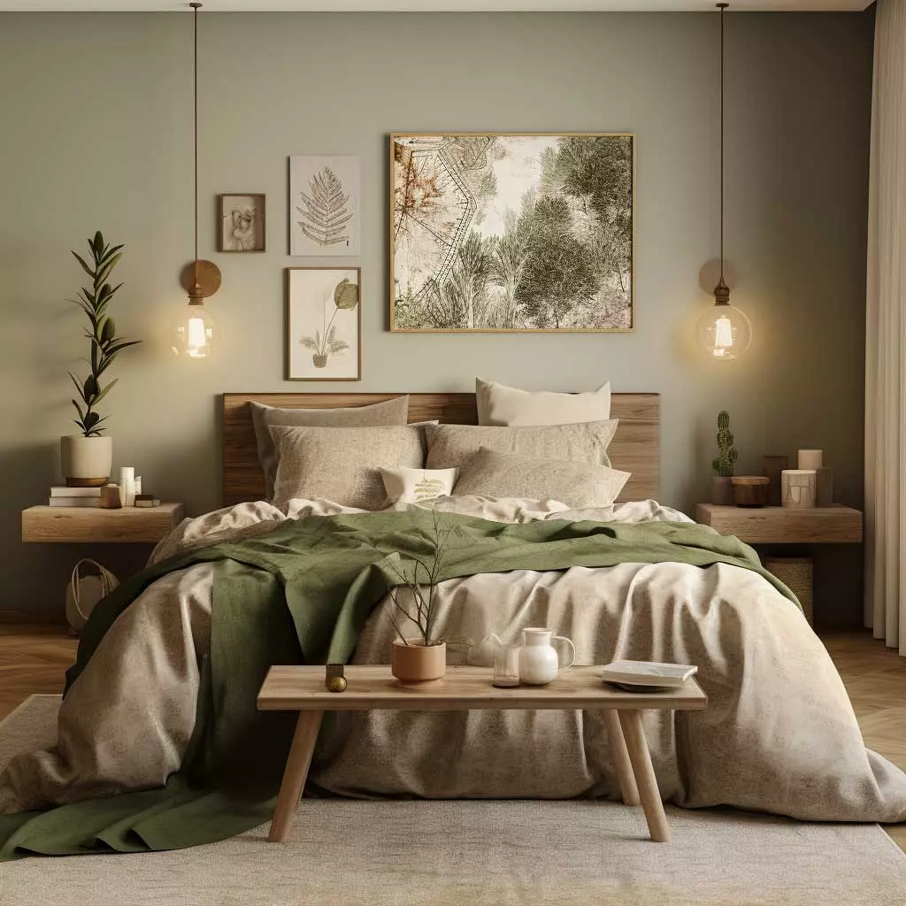 Immerse yourself in a serene earthy bedroom featuring botanical accents, natural wood elements, and cozy textiles.