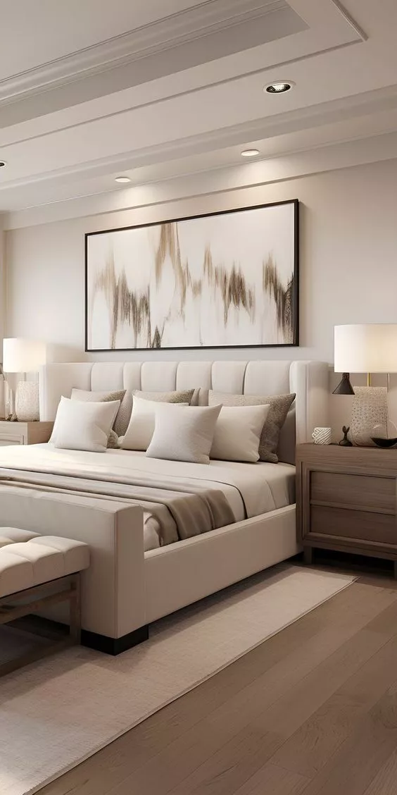 Discover the calming beauty of this modern bedroom oasis, blending soft neutrals, luxurious textures, and minimalist design for a perfect retreat.