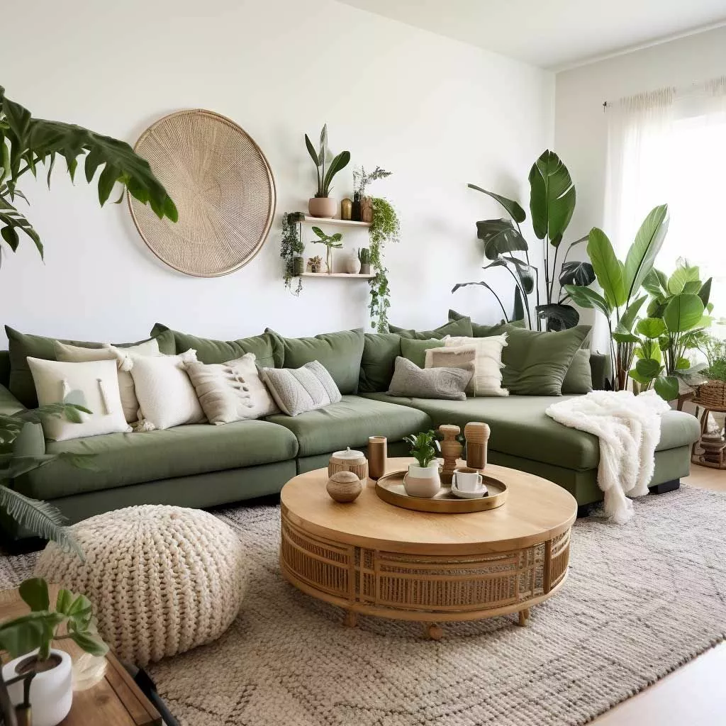 Discover the serenity of a lush green-themed living room with nature-inspired elements and cozy textures.