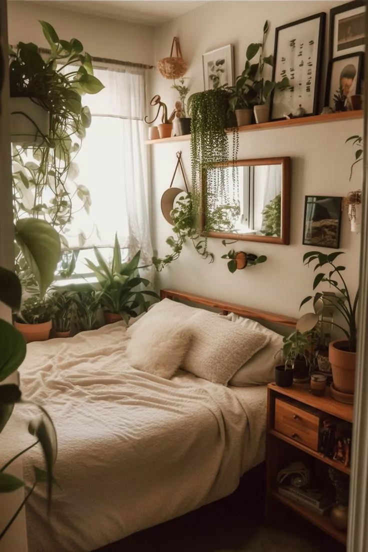 Create your personal sanctuary with lush greenery and tasteful decor that breathe life into your bedroom.