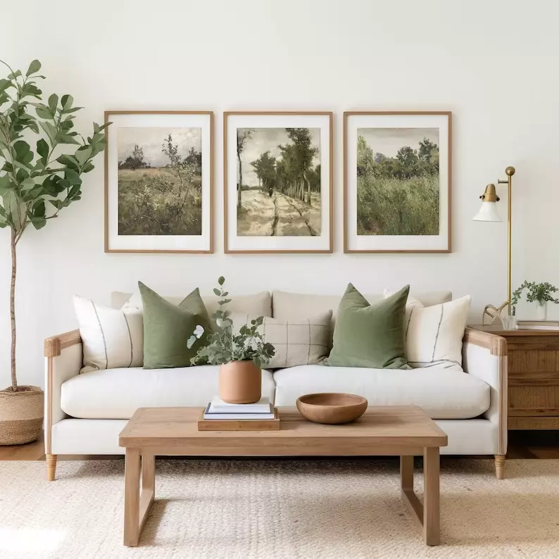 Discover serenity with a nature-inspired living room, featuring elegant wooden accents and lush greenery.