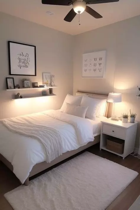 Soft, white tones and sleek, minimalist decor elevate this bedroom into a cozy retreat.