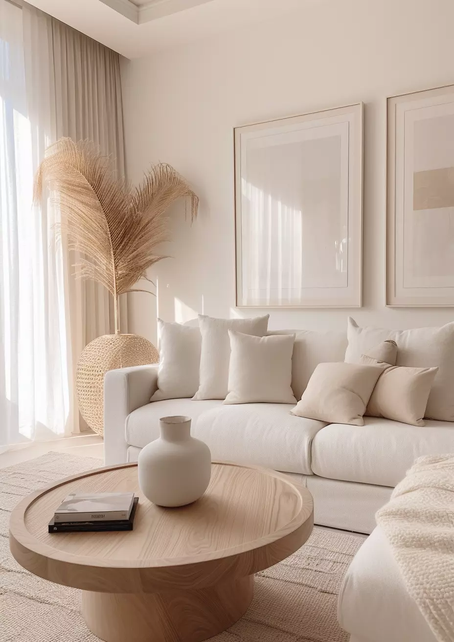 Immerse yourself in a serene minimalist living room featuring natural light, soft neutral tones, and simple decor.