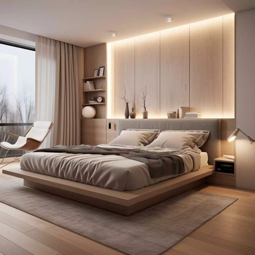 Explore a peaceful retreat with elegant wooden textures, soft lighting, and cozy décor. Perfect inspiration for a tranquil and stylish bedroom ambiance.