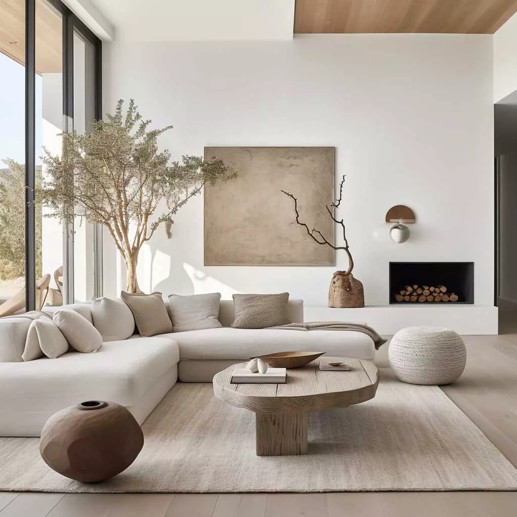 Experience serenity in a modern living room featuring natural elements, clean lines, and minimalist decor.