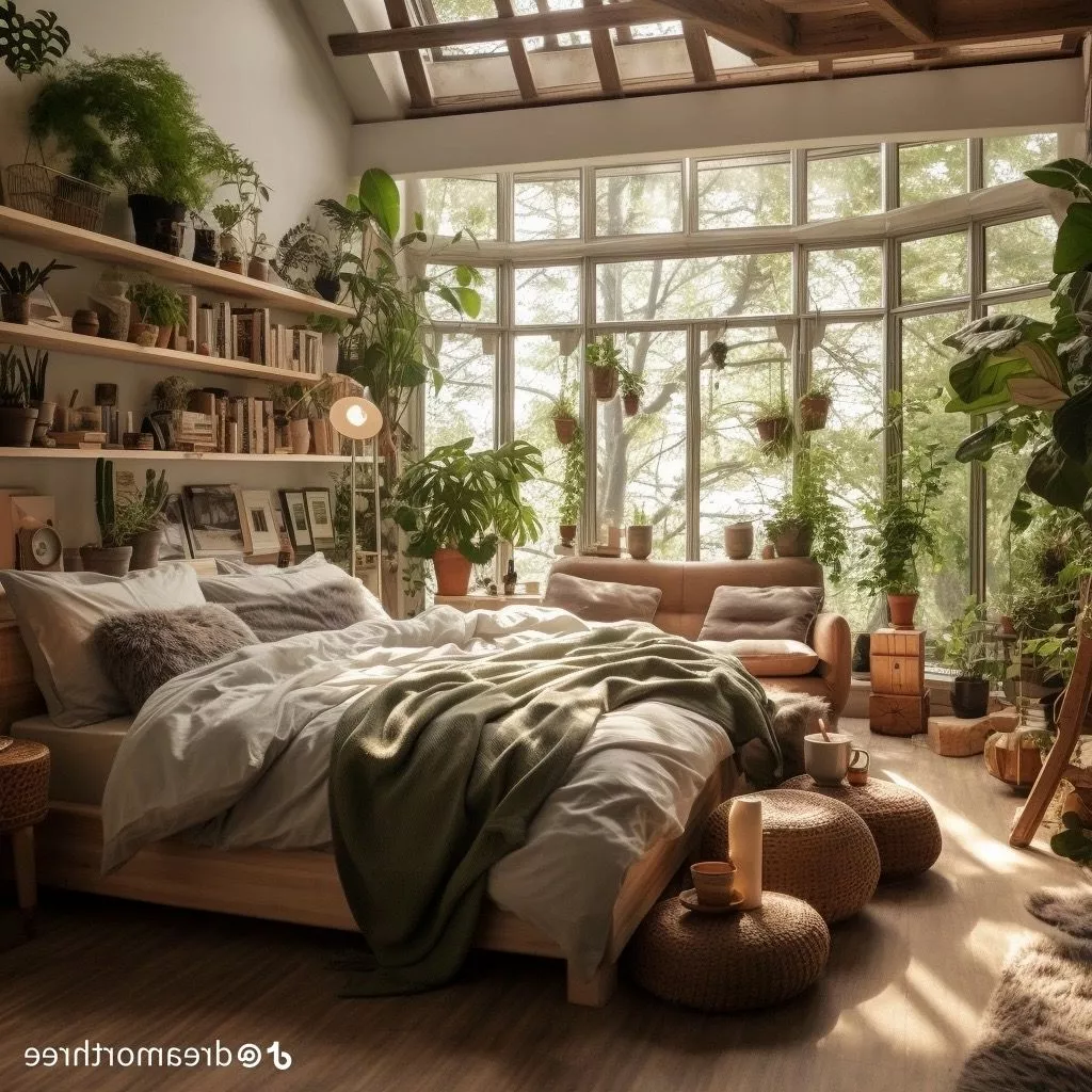 Escape to a bedroom bathed in natural light and lush greenery. Discover serene relaxation amidst calming decor and a plethora of indoor plants.