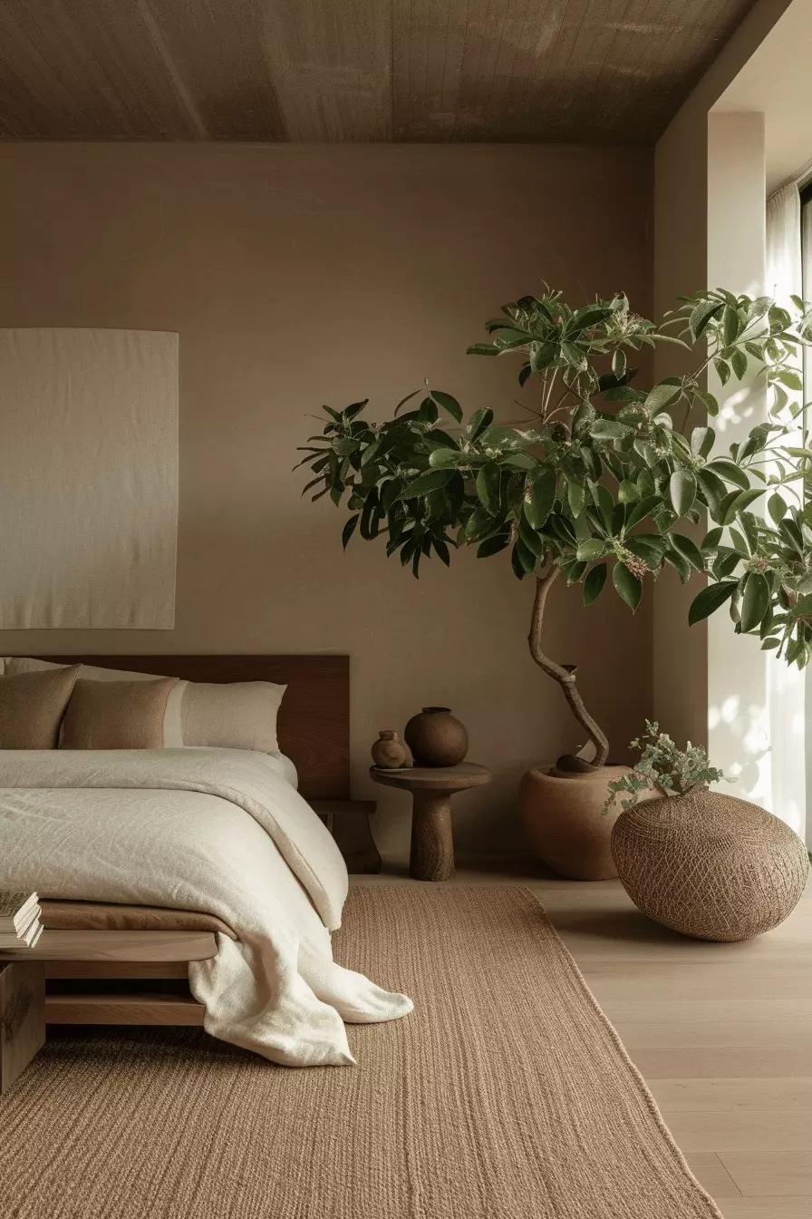 Discover the calming embrace of this minimalist bedroom, featuring natural tones, elegant textures, and stunning decor pieces for a tranquil ambiance.