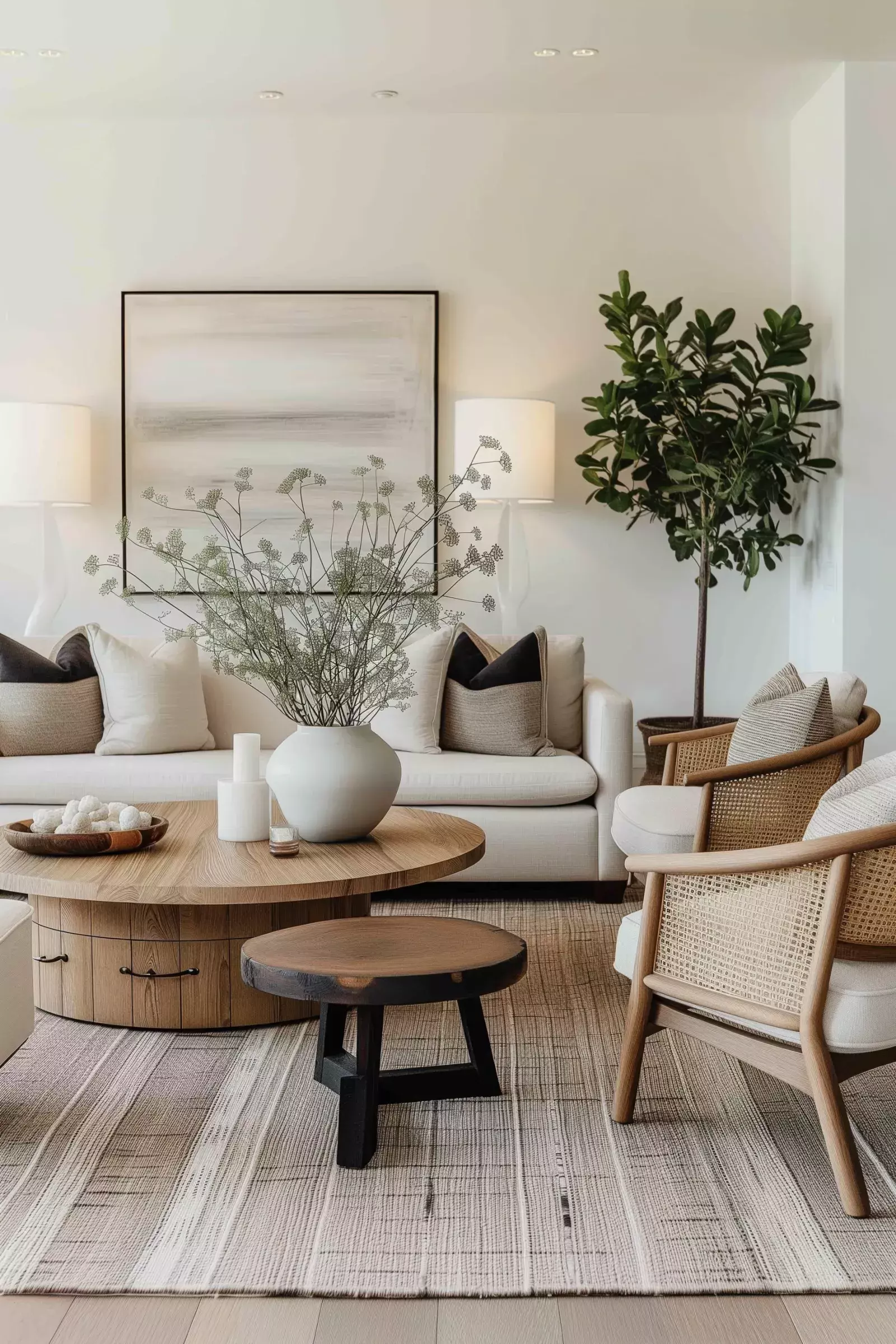 Discover serenity in this chic living room. Neutral tones, modern decor, and lush greenery create a cozy yet sophisticated ambiance.