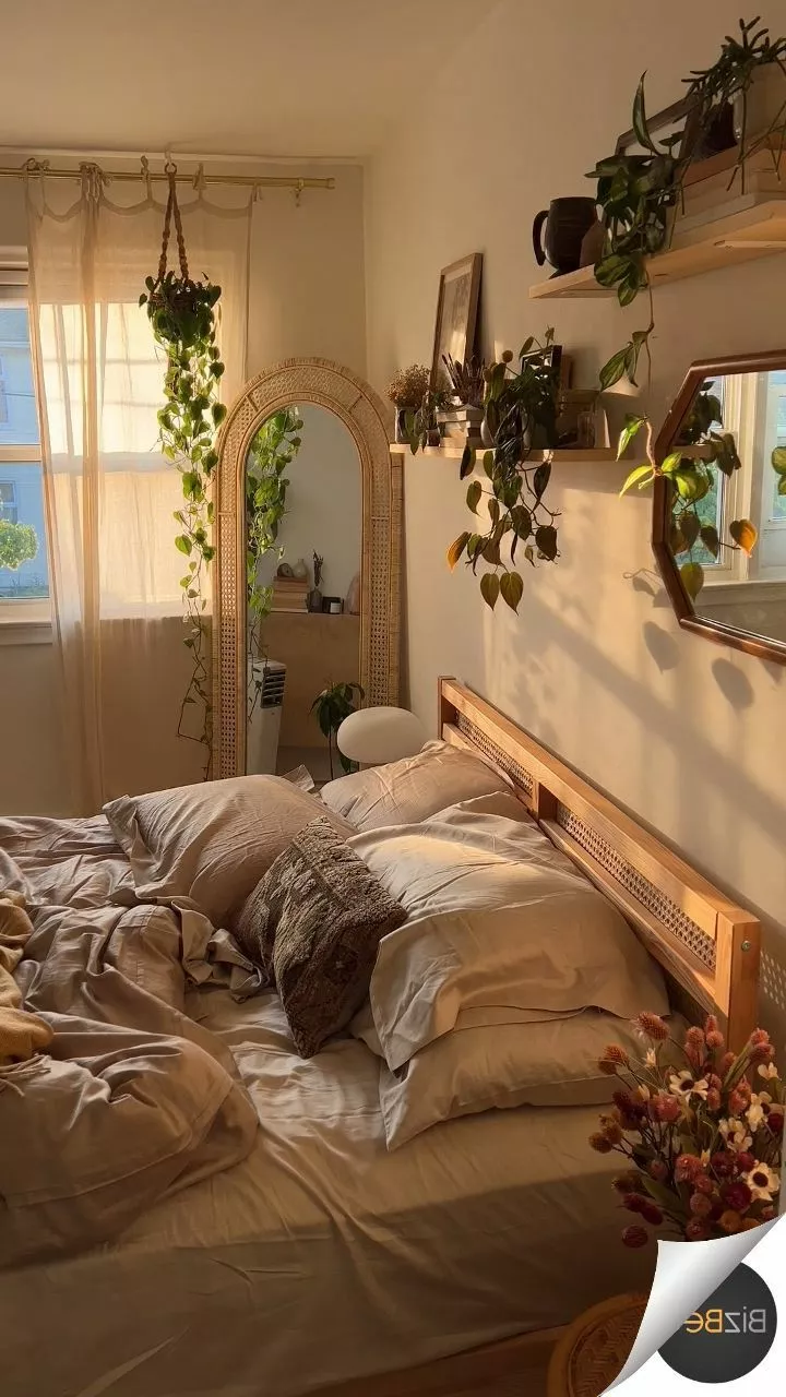 Wake up to a tranquil bedroom setup with soft linens, lush greenery, and golden sunlight pouring in.