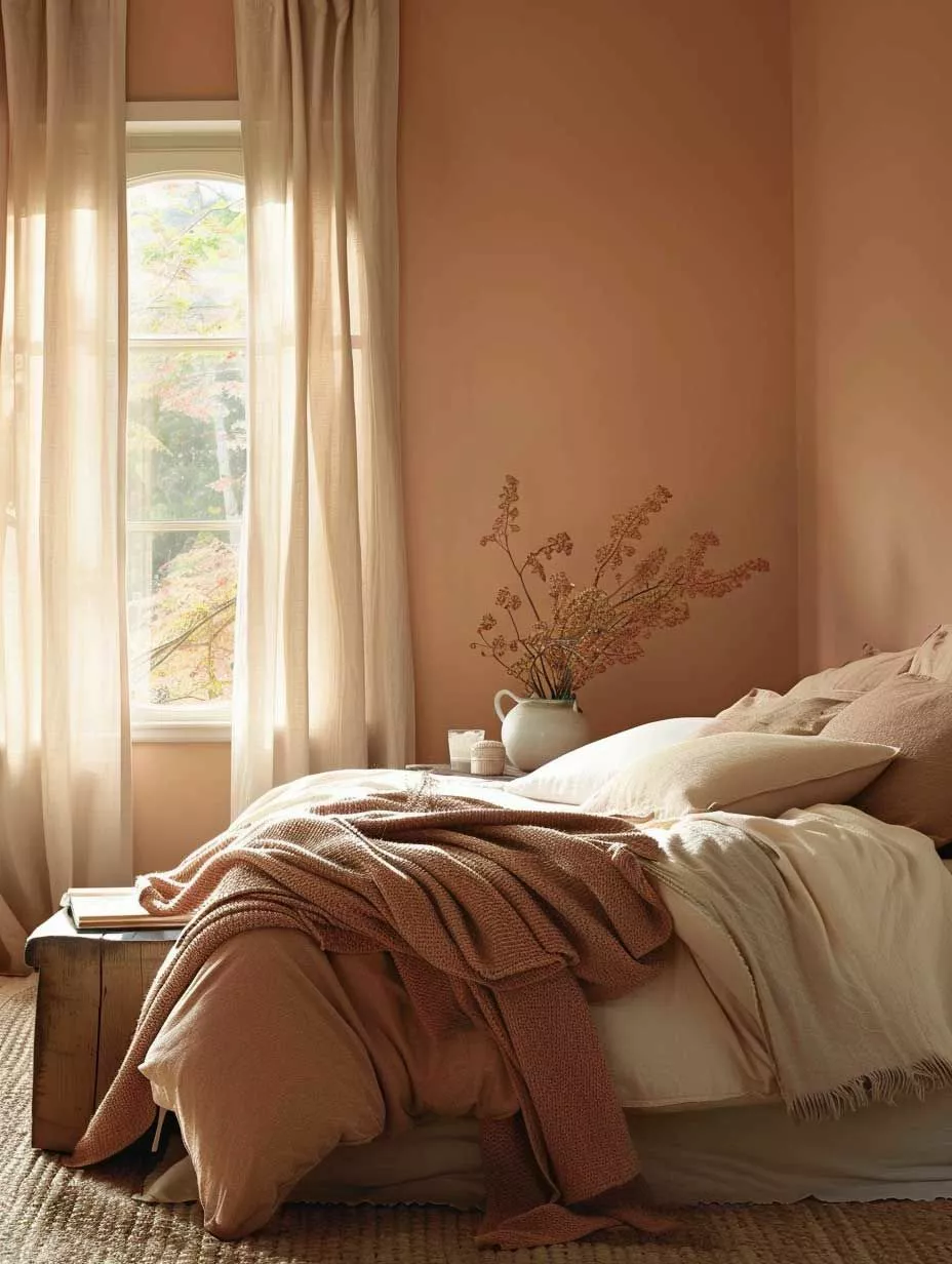 Discover the beauty of a sunlit bedroom adorned with earthy tones, cozy textures, and a touch of nature-inspired decor. A perfect retreat for relaxation.