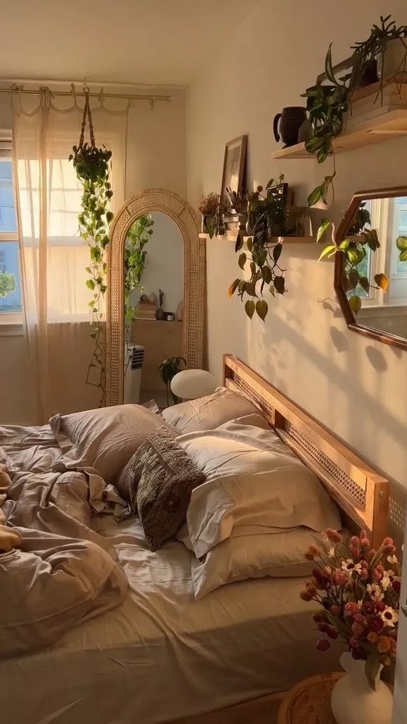 Embrace tranquility with this beautifully designed bedroom, featuring cozy linens, lush greenery, and warm natural light.