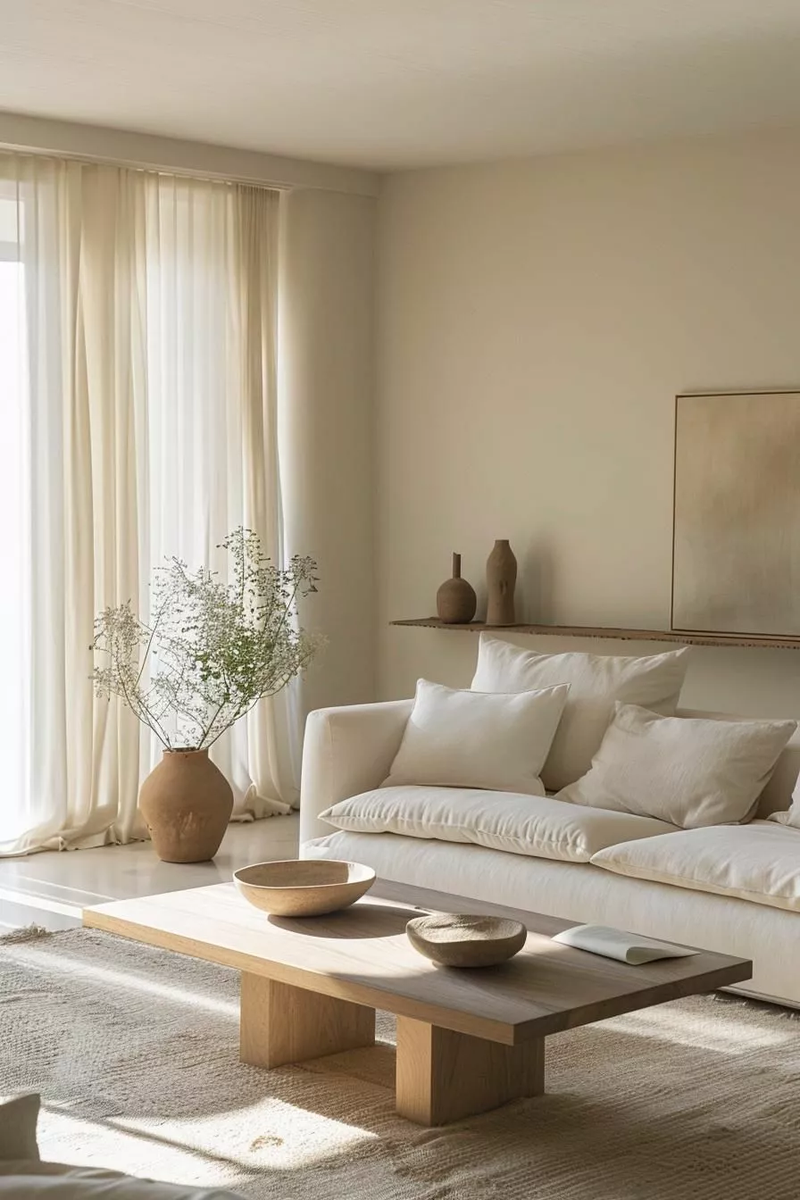 Discover elegance in simplicity with this minimalist living room, showcasing soft neutrals and cozy textures.