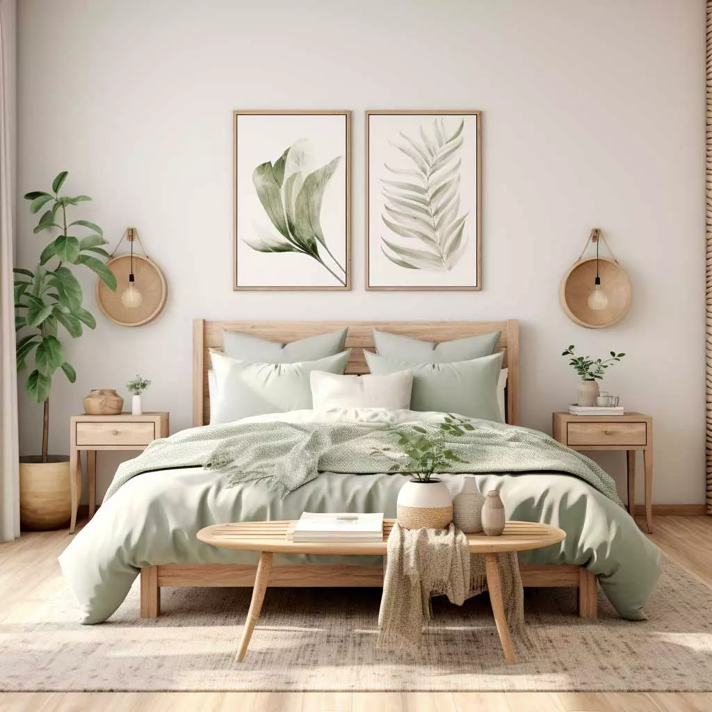 Transform your bedroom into a tranquil retreat with the soft greens and natural accents that bring a refreshing calmness to your space.