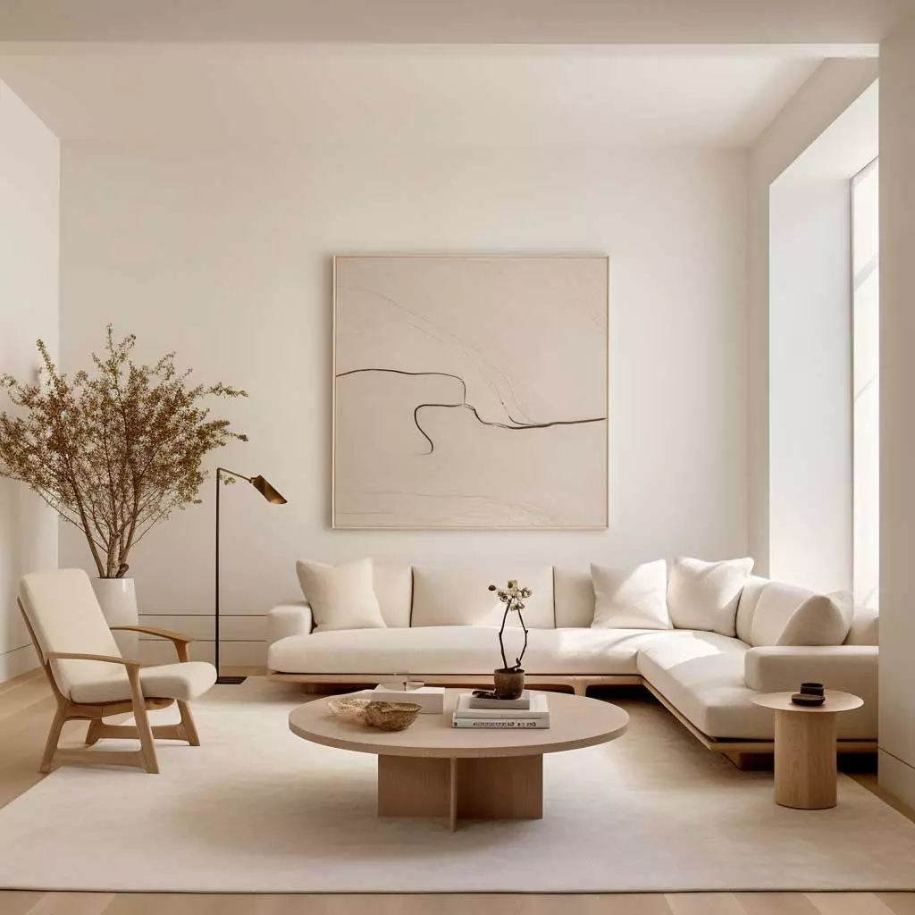 Discover the elegance of minimalist design with this chic living room setup, featuring neutral tones and subtle artistic accents.