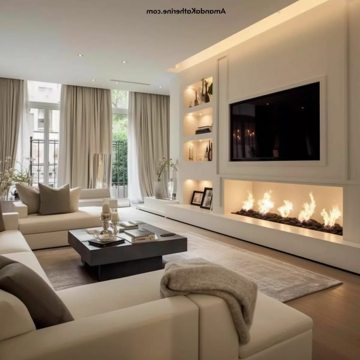 Indulge in a sleek modern living room featuring a contemporary fireplace, built-in shelving, and sophisticated decor.