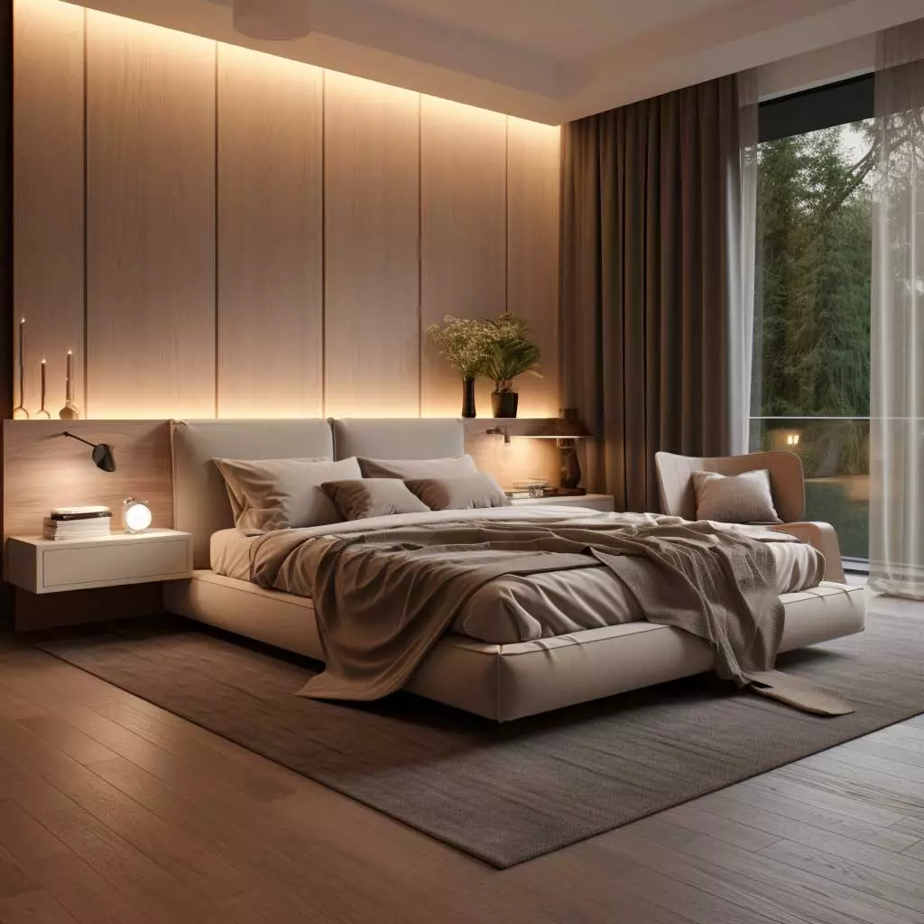 Experience sophistication in a luxury bedroom design featuring ambient lighting, soft furnishings, and elegant decor.