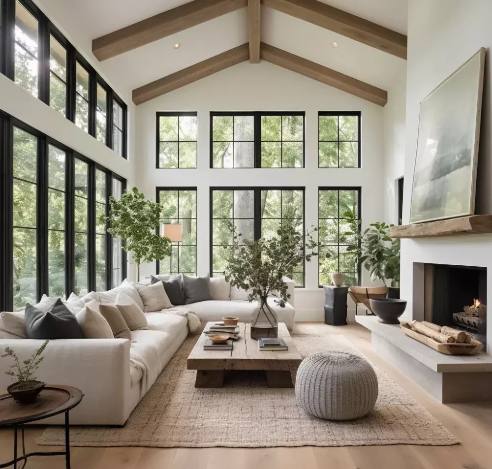 Savor the spaciousness in a modern living room featuring natural light, high ceilings, and cozy yet elegant decor.