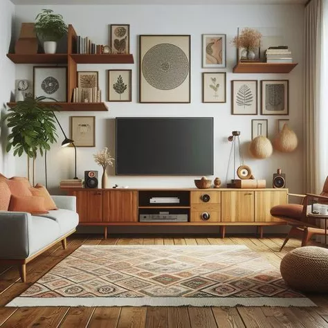 Transform your space with mid-century charm and modern elegance. Featuring warm tones, wooden accents, and chic wall art for a cozy yet sophisticated vibe.