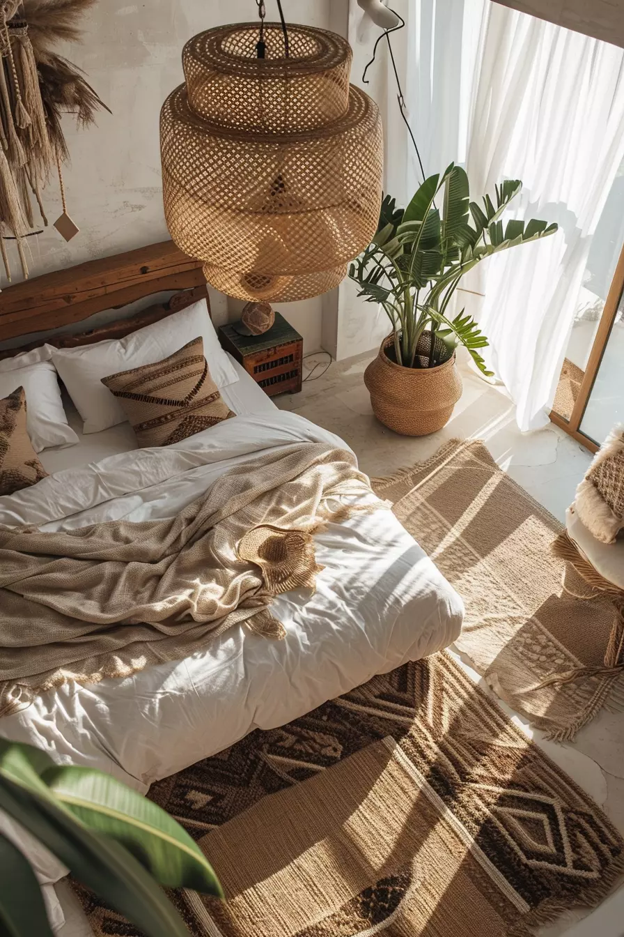 Experience sun-kissed serenity in a bohemian bedroom accented with warm tones, natural textures, and lush greenery for a peaceful and inviting retreat.