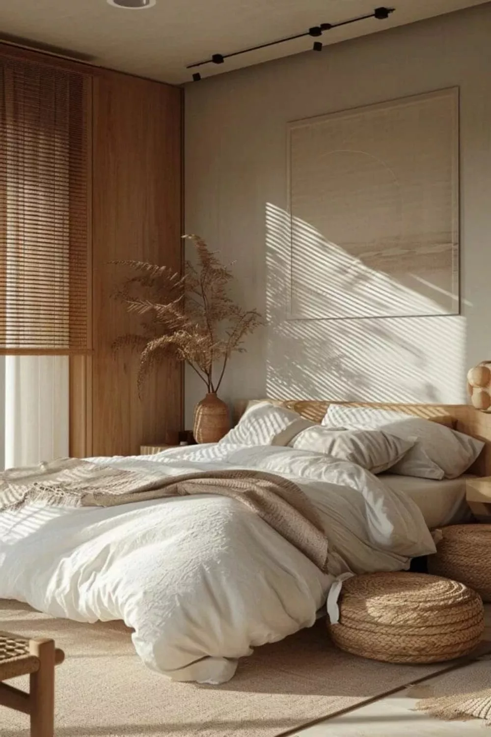 Discover the calming charm of natural textures and warm tones in this beautifully styled bedroom retreat.