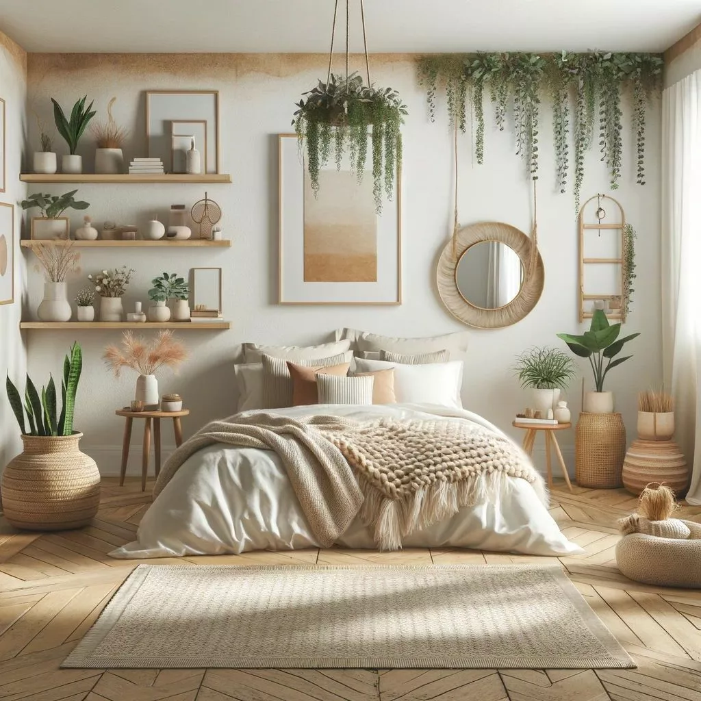 Discover the tranquility of a bohemian bedroom adorned with lush greenery, natural textures, and soothing tones.