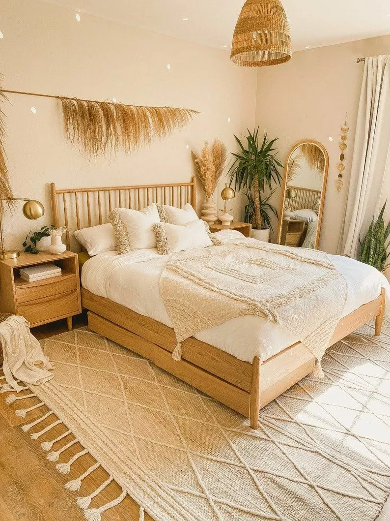 Experience serenity with this boho-chic bedroom featuring earthy tones, natural textures, and elegant decor.